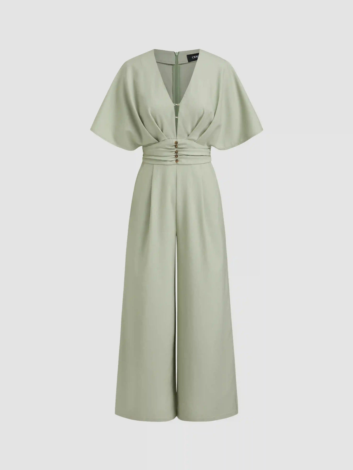 Linen-blend V-neck Ruched Dolman Sleeve Jumpsuit