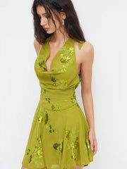 Chiffon Halter Neckline Sequin Floral Mini Dress