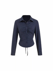 Long Sleeve Striped Ruched Front Drawstring Shirt