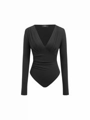 V-neck Long Sleeve Ruched Bodysuit