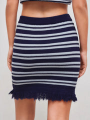 Knit Mid Rise Striped Tassel Mini Skirt