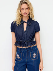 Puff Sleeve Tie-Front Ruffle Hem Denim Crop Top