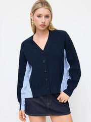 Two Tone Knit V-neck Striped Patched Oversized Cardigan