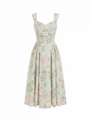 Linen-blend Floral Sweetheart Neckline Flared Midi Dress