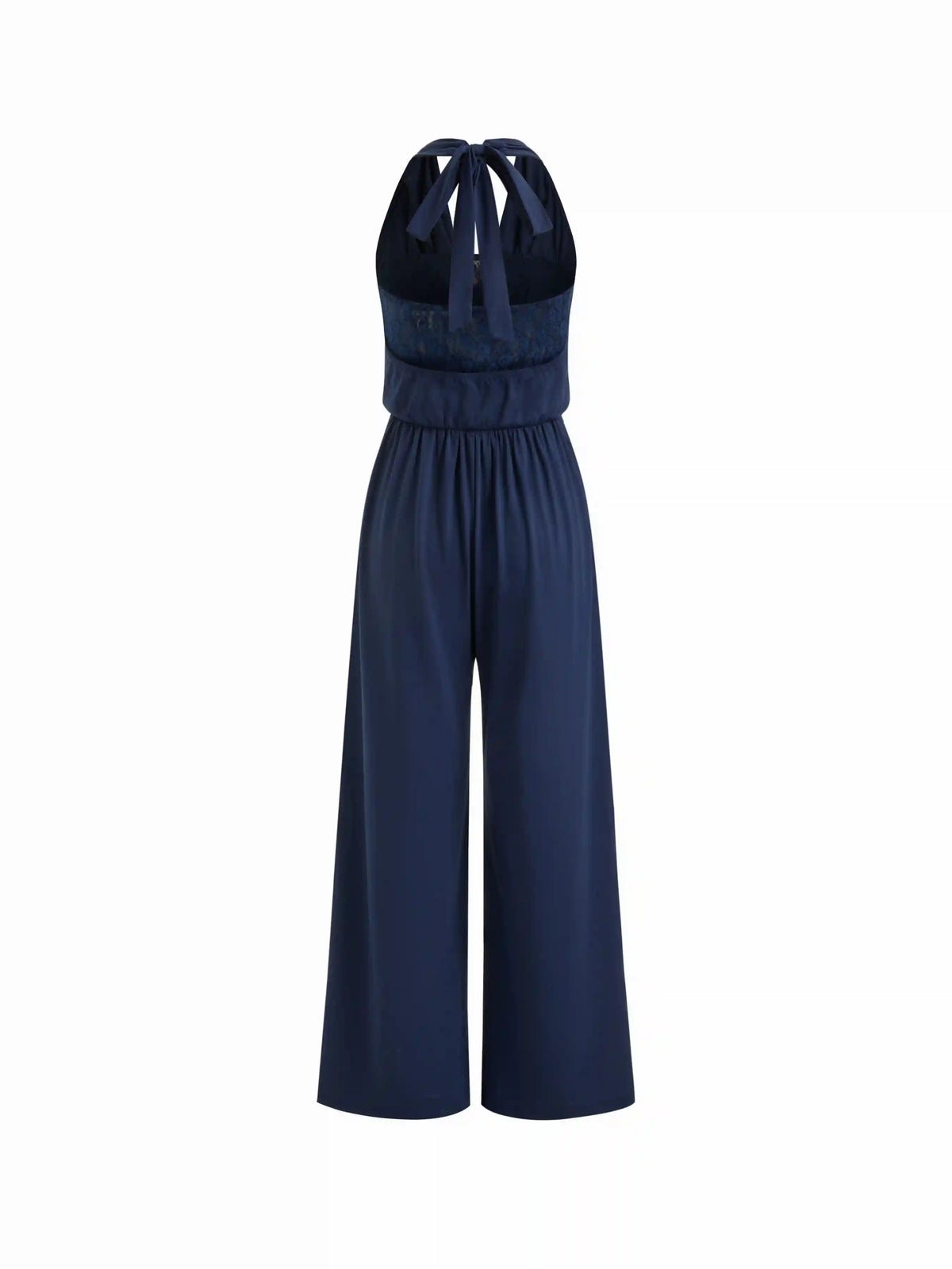 Halter Neckline Ruched Knotted Patched Lace Straight Leg Jumpsuit