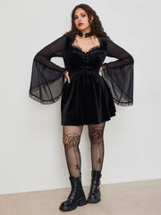 Velvet Square Neck Lace Up Bell Sleeve Mini Dress Curve & Plus