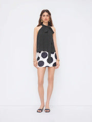 Chiffon Halter Neckline Polka Dot Knotted Oversized  Blouse