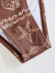 Halter Starfish Print Tie Side Bikini Set with Shell Charms