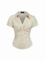 Satin Polka Dot Ruched Puff Sleeve Shirt