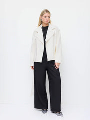 Faux Leather Collar Zip Through Oversized Biker Jacket With Belt