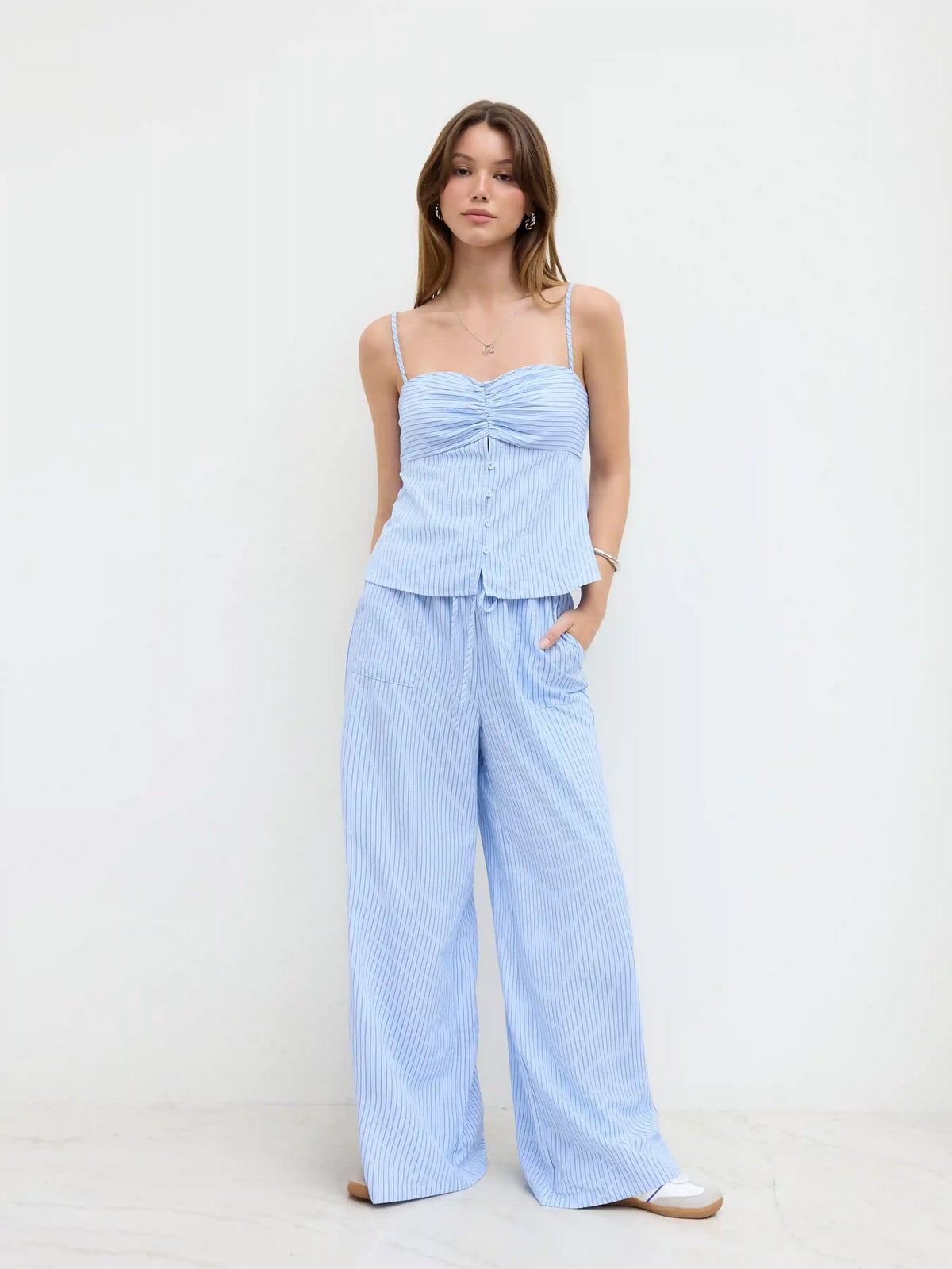 Stripe Shirred Cami Top & Mid Rise Elastic Waist Straight Leg Trousers Set