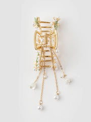 Metallic Floral & Faux Pearl Decor Tassel Hair Claw