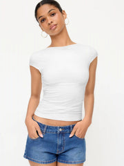 Viscose Boat Neck Ruched Short Sleeve Top