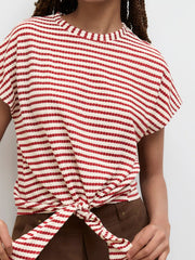 Round Neckline Striped Knotted Short Sleeve Tee