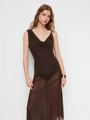 Mesh Cowl Neck Backless See-through Ruffle Hem Maxi Bodysuit Dress