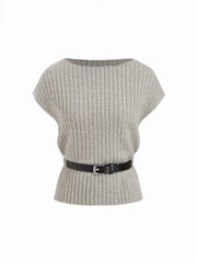 Knit Boat Neck Top With Belt