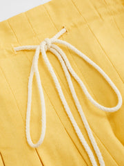 Linen-blend Square Neck Drawstring Shirred Pleated Romper