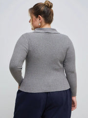 Knit Collar Solid Button Long Sleeve Top Curve & Plus