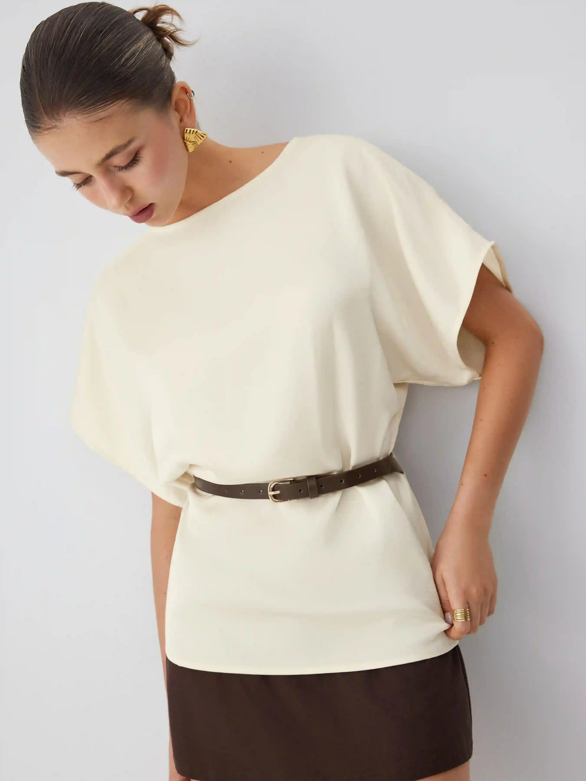 Satin Boat Neck Batwing Sleeve Oversized Blouse With Belt