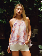 Chiffon Floral Stand Collar Sleeveless Backless Ruffle Hem Blouse