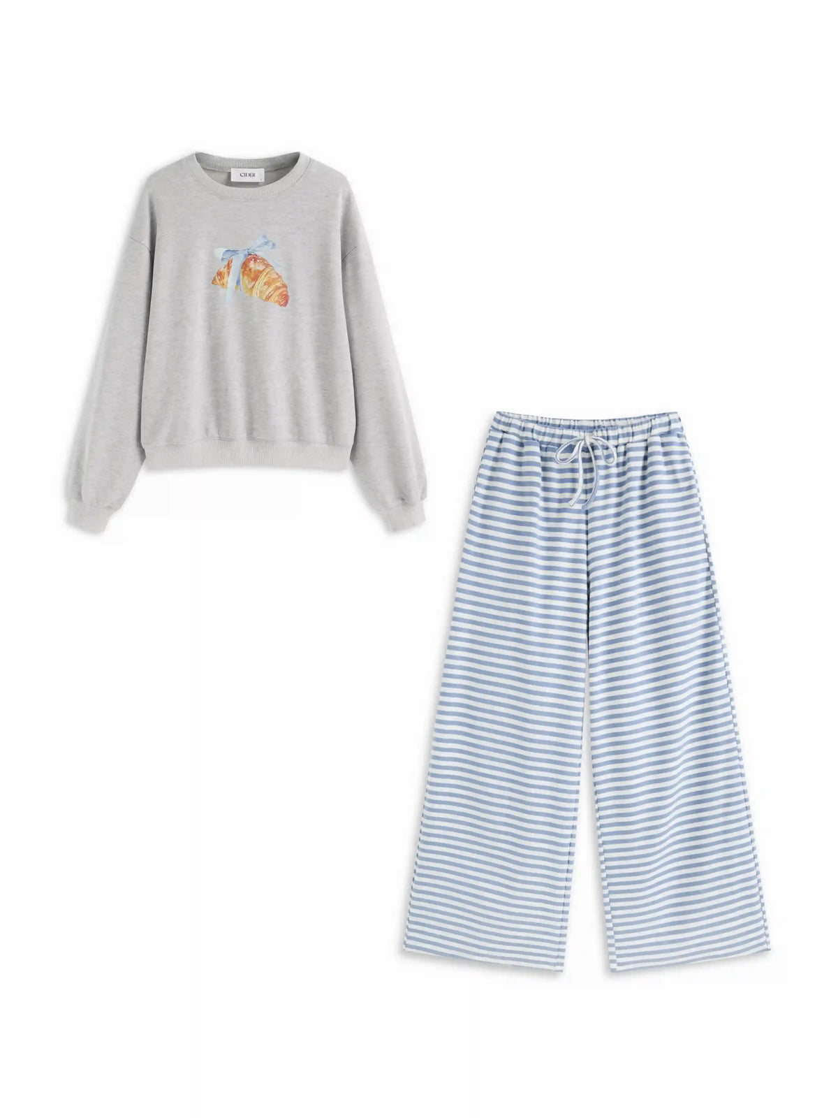 Cotton-blend Croissant Graphic Top & Striped Mid Rise Drawstring Wide Leg Trousers Loungewear Set