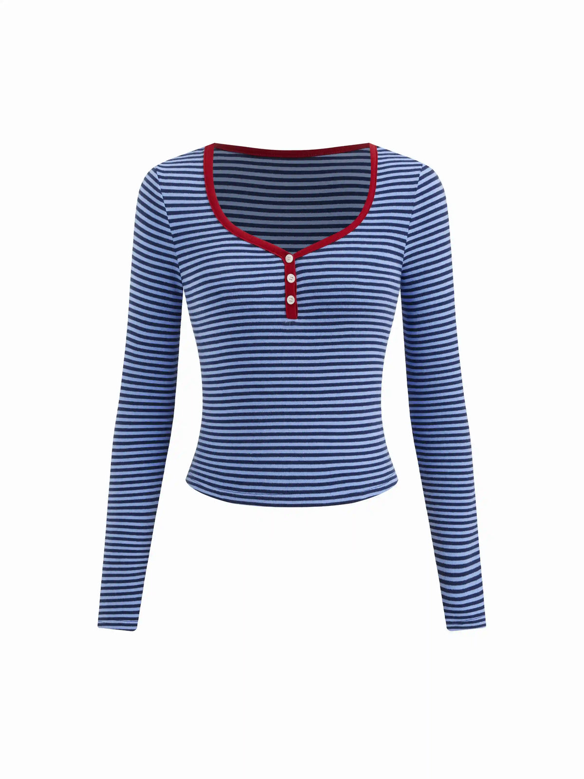 Striped Sweetheart Neck Long Sleeve Contrasting Binding Tee
