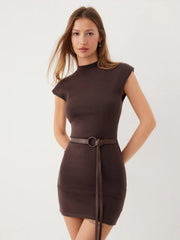 Knit Stand Collar Straight Mini Dress With Belt