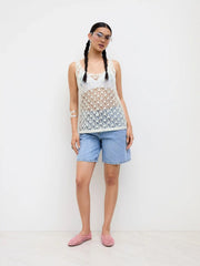 Knit U-neckline Hollow Out See-through Oversized Tank Top