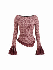 Floral Boat Neck Lace Trim Asymmetrical Hem Bell Sleeve Ruched Top