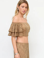 Lace Off-shoulder Ruffle Sleeve Shirred Crop Top