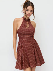 Cotton Plaid Halter Neckline Cut Out Bowknot Flared Mini Dress