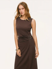 Round Neckline Belted Zip Through Ruched Midi Dress