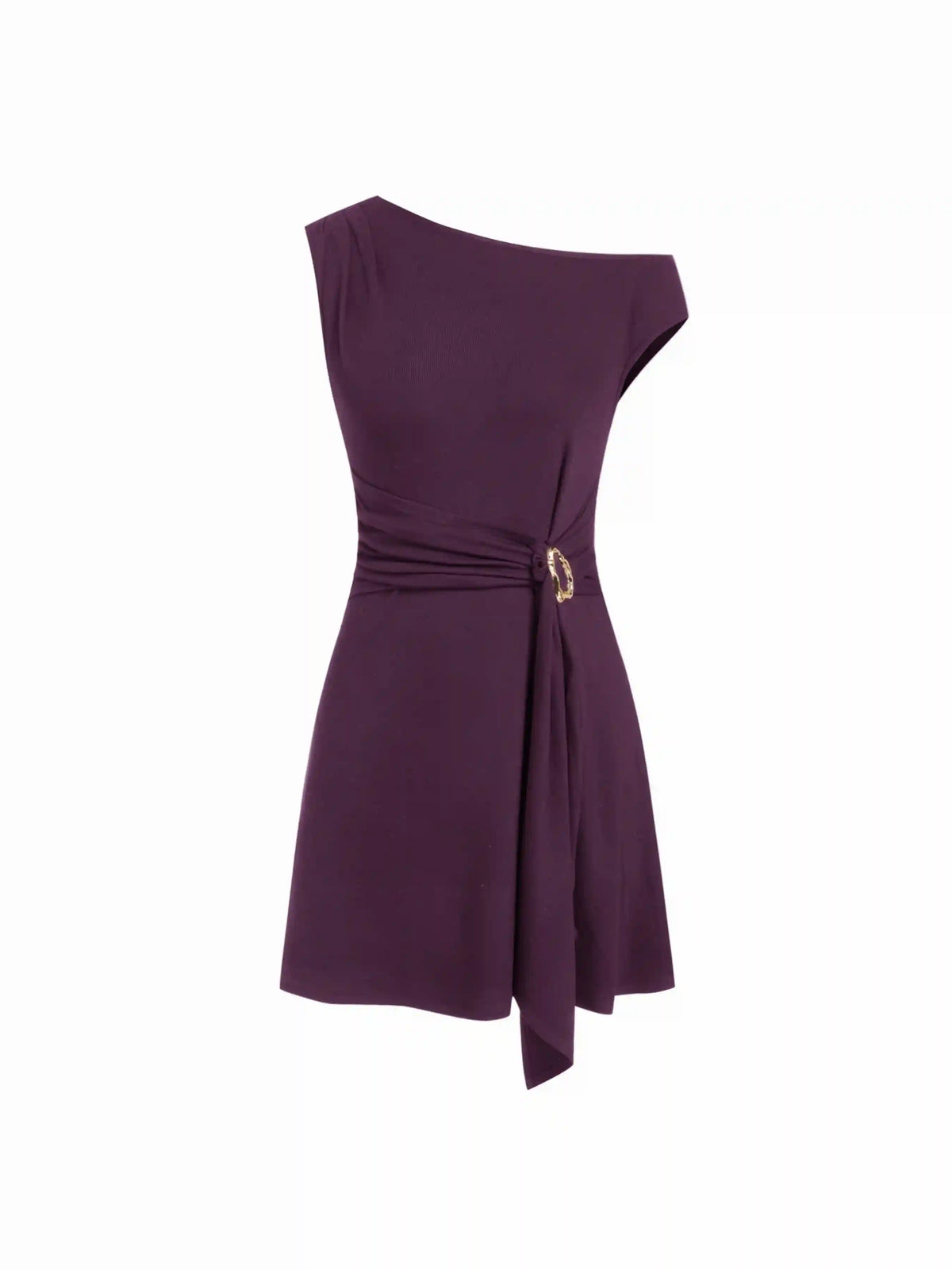 Asymmetrical Neck Draped Metal Detail A-line Mini Dress