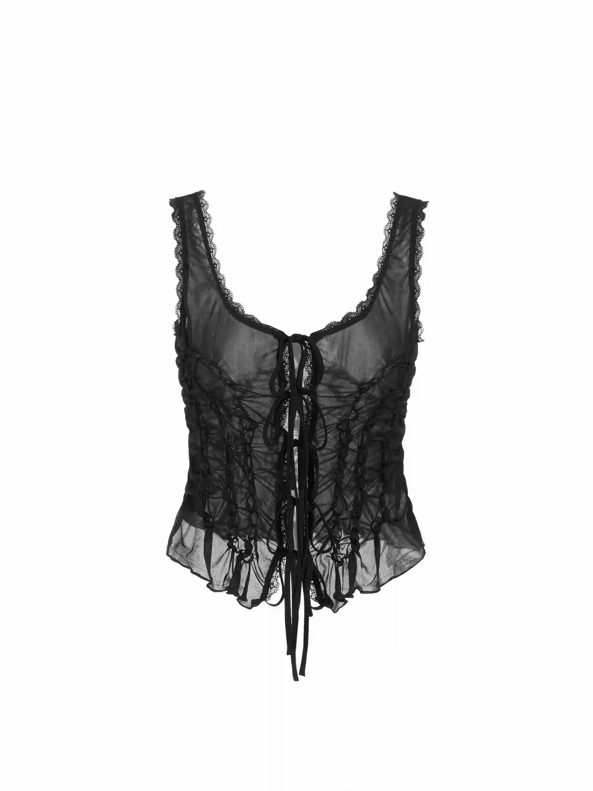 U-neckline Bowknot Lace Tie Front Ruched Tank Top