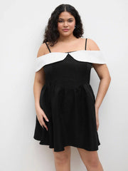 Square Neck Two Tone Ruffle Hem Mini Dress Curve & Plus