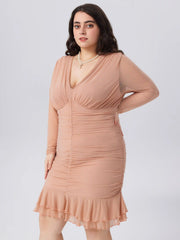 V Neck Ruched Ruffle Mini Dress  Curve & Plus
