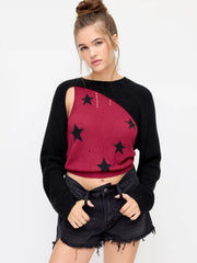 Knit Round Neckline Star Ripped Tank Top & Asymmetrical Shrug Set