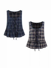 Cotton-blend Tartan Square Neckline Tie Front Ruffled Blouse