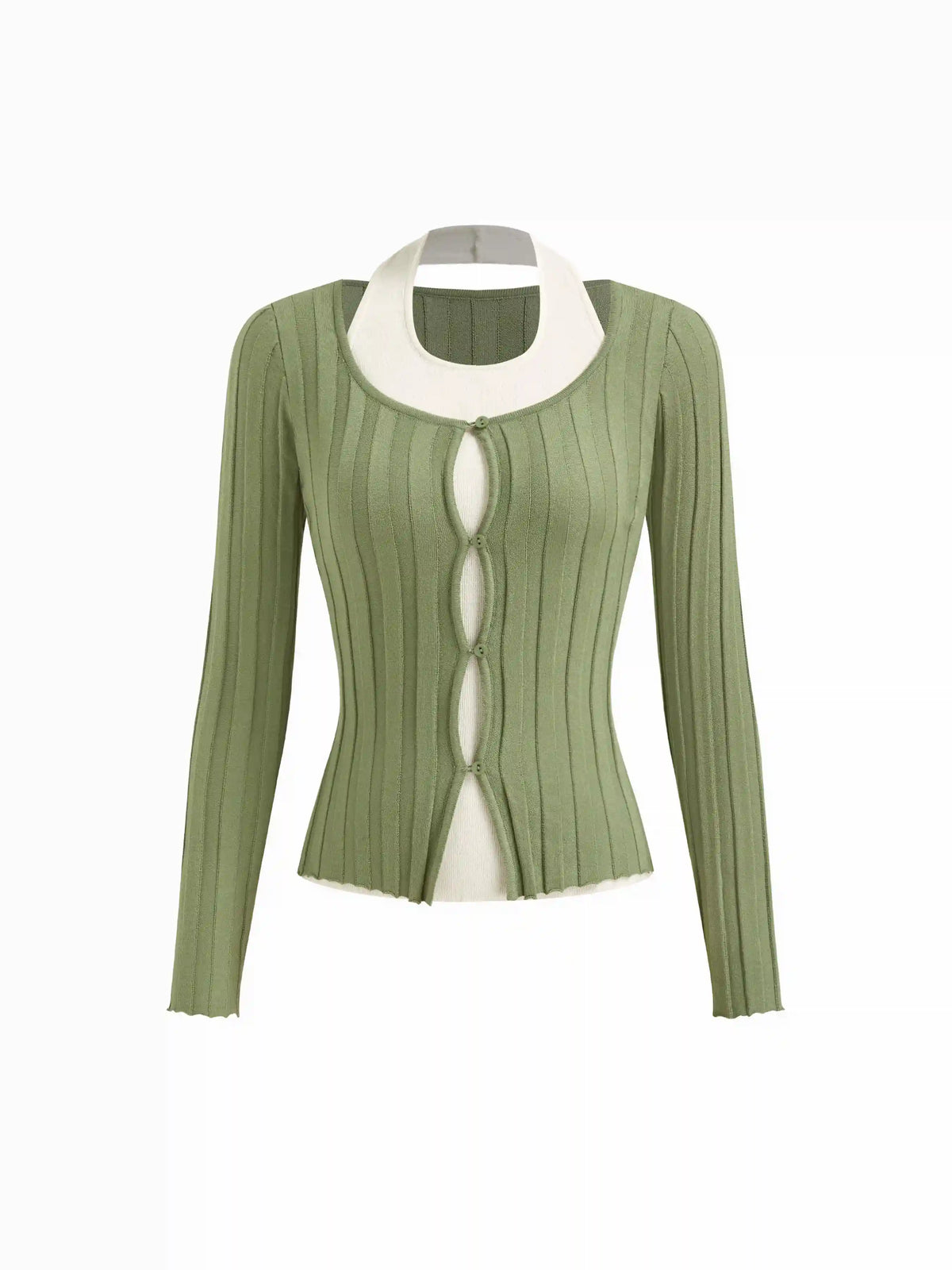 Knit Two Tone Halter Neckline Button Cut Out Cardigan