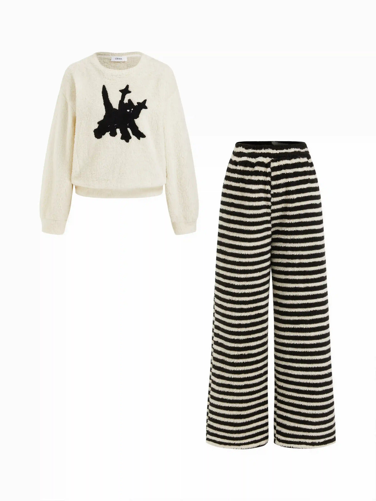 Fleece Fiercely Cat Oversized Top & Mid Rise Striped Straight Leg Trousers Loungewear Set