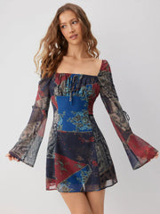 Chiffon Floral Square Neck Drawstring Bell Sleeve Mini Dress