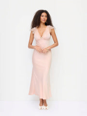 Satin V-neck Ruffle Rosette Low Rise Maxi Dress