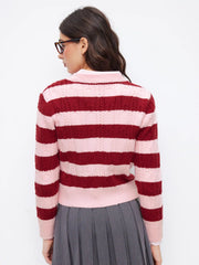 Cable Knit Striped Cherry Embroidery Round Neckline Long Sleeve Cardigan