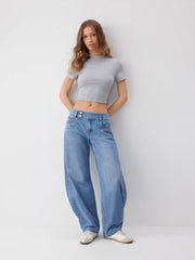 Washed Denim Low Rise Barrel-leg Trousers