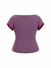 Boat Neck Stripe Contrasting Binding Short Sleeve Tee Curve & Plus