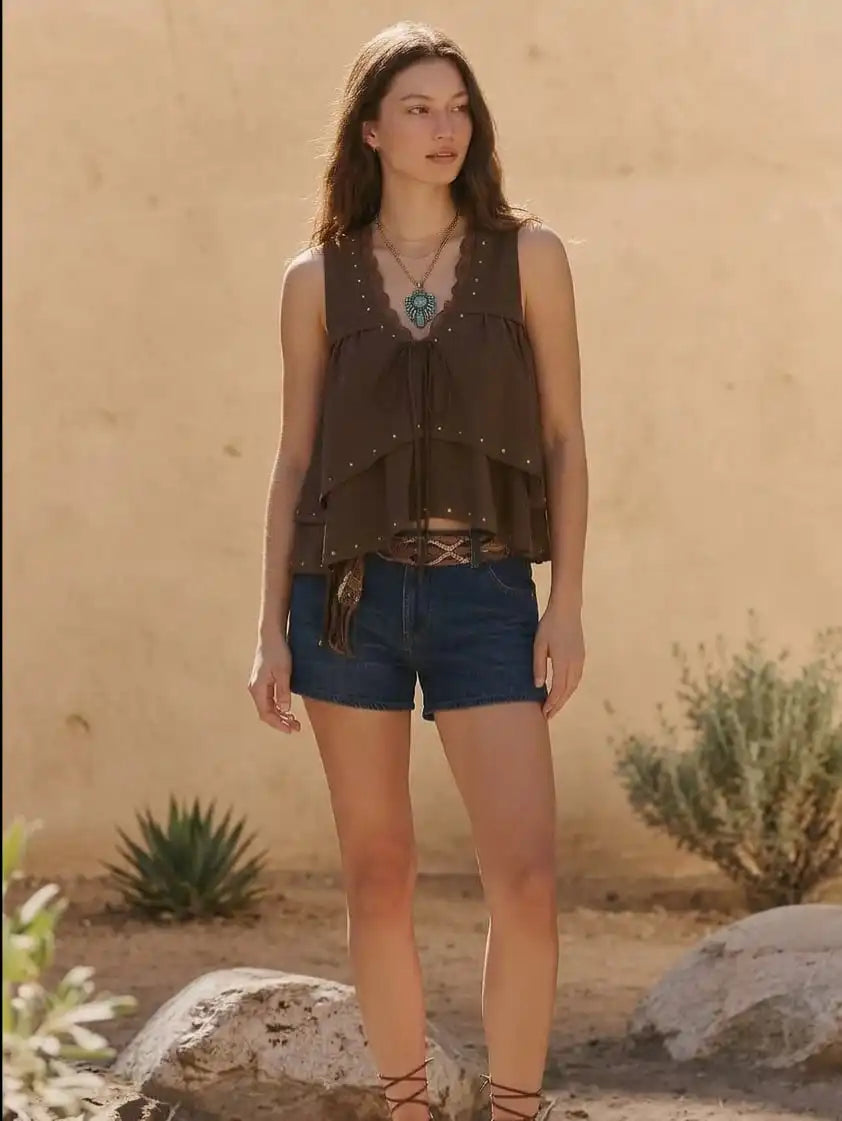 Cotton-blend Ruffled Studded Lace Trim Tie Front Tank Top