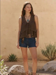Cotton-blend Ruffled Studded Lace Trim Tie Front Tank Top