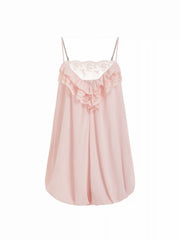 Square Neck Lace Panel Ruffled Mid Rise Bubble Hem Romper