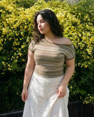 Striped Asymmetrical Neck Short Sleeve Top Curve & Plus