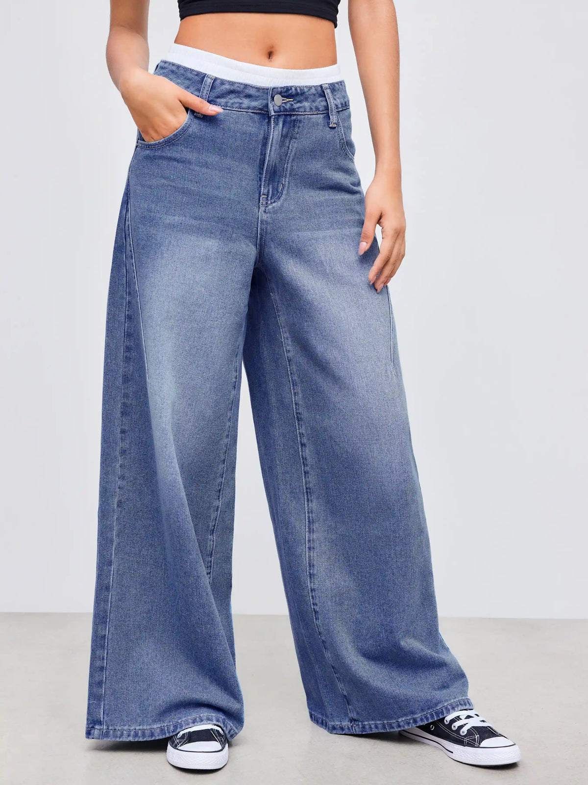 Cider Denim Mid Rise Solid Wide Leg Jeans